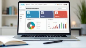 Modern laptop displaying Canvas learning management system dashboard with course modules, assignments, and student progress analytics on screen, sitting on clean desk with notebook and stylus