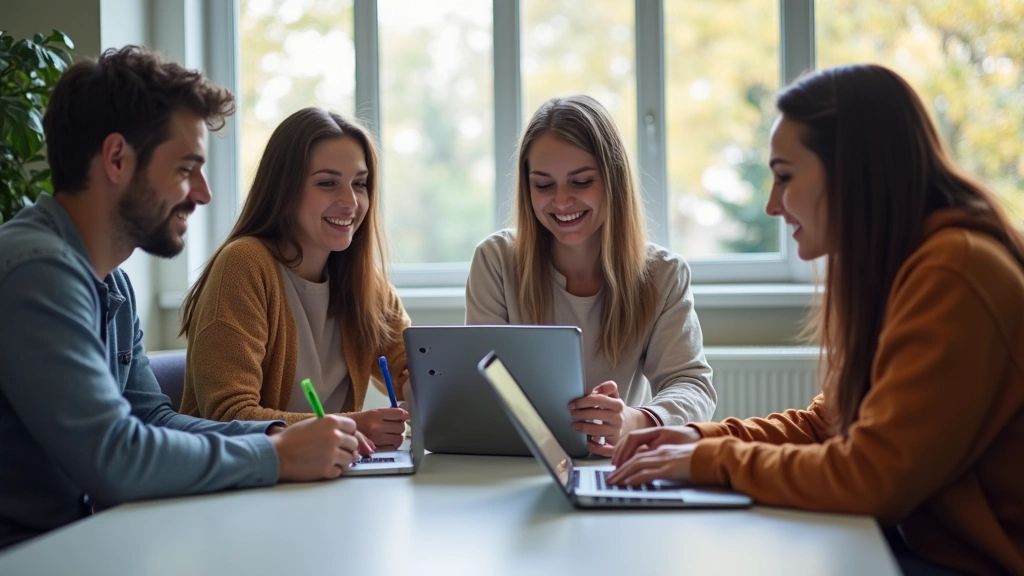 Diverse group of students collaborating in modern classroom with tablets and laptops, using Canvas platform for group project submission and peer review, bright natural lighting