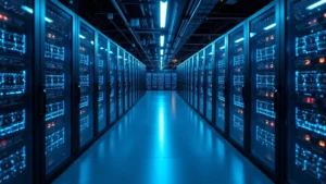 Modern fiber optic cable infrastructure and network equipment in sleek tech facility with blue lighting, professional equipment racks and connectivity nodes showcasing high-speed broadband technology