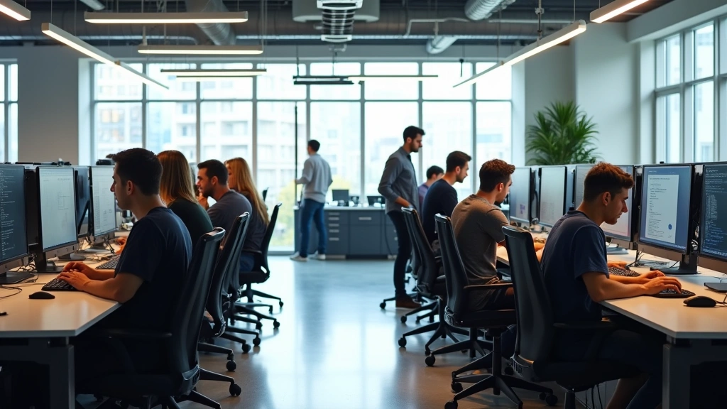 Diverse group of software developers and engineers collaborating at standing desks with multiple monitors in bright, contemporary open-plan tech office space with natural lighting