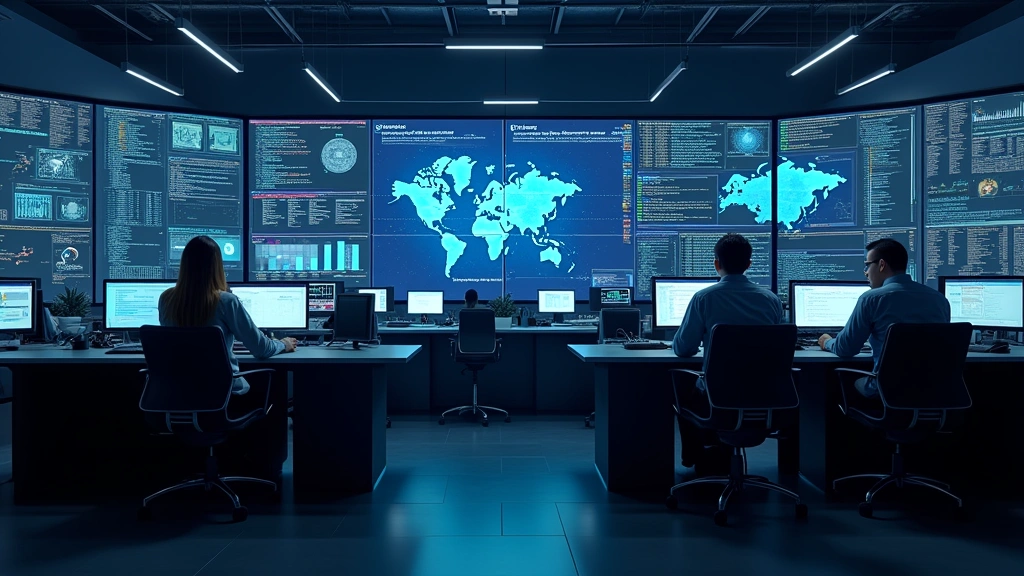 State-of-the-art cybersecurity operations center with multiple display screens monitoring network activity, security dashboards, and threat detection systems with professional security analysts at workstations
