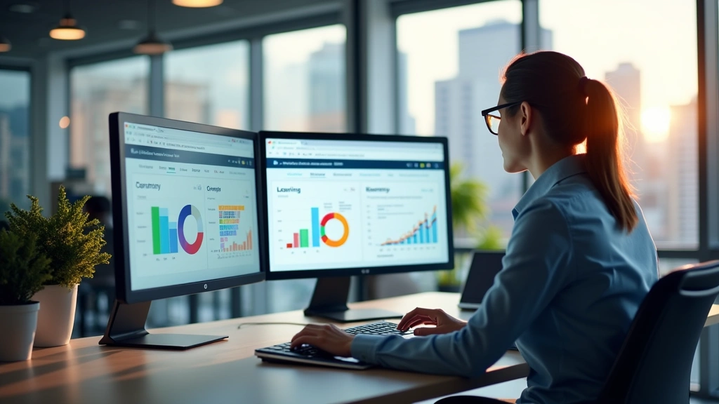 Professional sitting at modern desk with dual monitors displaying learning management system dashboard with colorful charts and student data analytics, bright office environment with tech gadgets