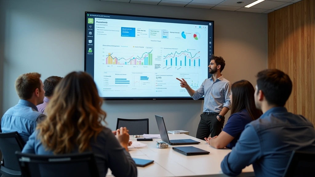Diverse group of educators and professionals in collaborative workspace reviewing digital learning platform metrics on large wall-mounted display with enthusiasm and engagement