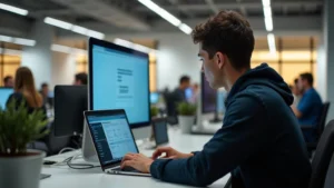 Student sitting at desk using laptop with Canvas LMS interface displayed on screen, modern office lighting, focused expression, educational workspace setting