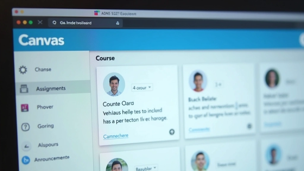 Close-up of computer monitor showing Canvas dashboard with course cards, assignments, grades, and announcements clearly visible on screen