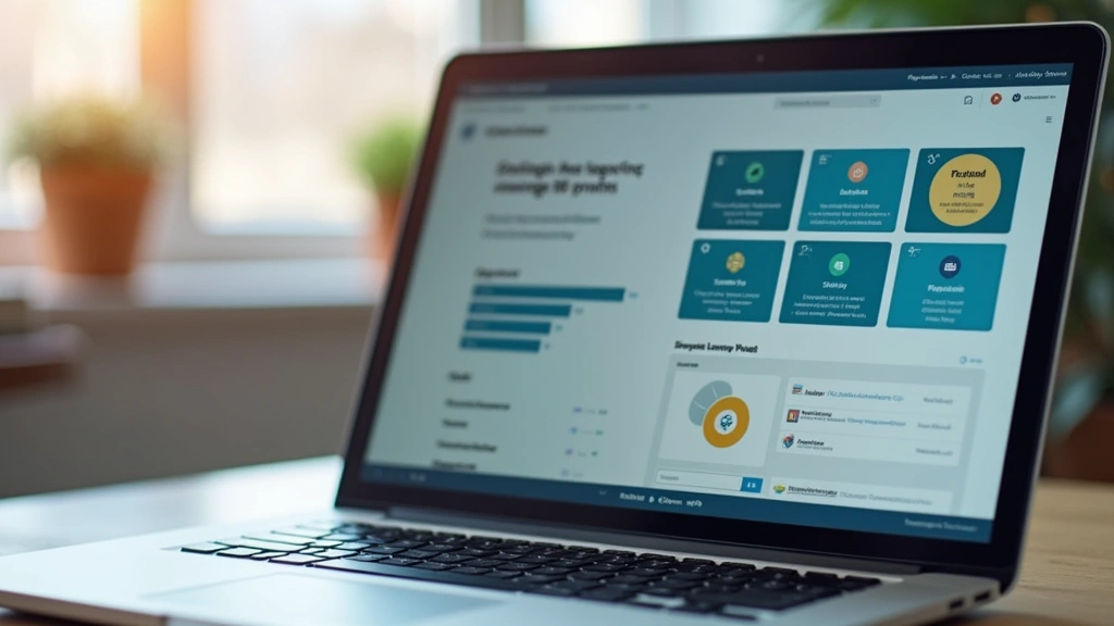 Close-up of a modern laptop displaying a learning management system interface with course modules and assignment icons, professional lighting, clean workspace background