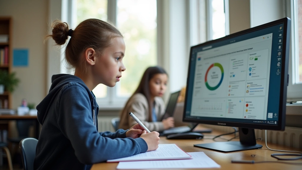 Student working on tablet with stylus taking notes, Canvas dashboard visible on screen, natural window lighting, focused expression, educational setting