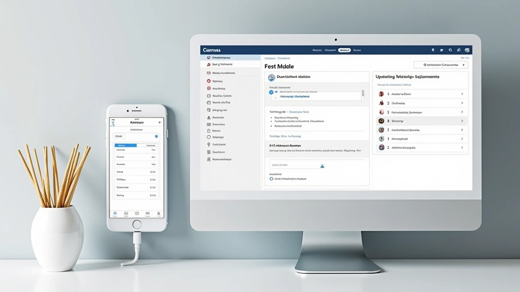 Split screen showing Canvas mobile app on smartphone and desktop interface side by side, both displaying grade information and upcoming assignments, minimalist tech aesthetic