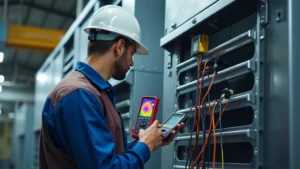 Professional HVAC technician performing diagnostic testing on industrial modular air handling unit with digital multimeter and thermal imaging camera, bright industrial facility setting, photorealistic