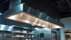 Commercial kitchen exhaust hood system with stainless steel components, bright LED lighting, professional restaurant environment, clean installation, modern ventilation technology visible