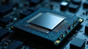 High-performance computer processor chip with advanced cooling system, metallic heat spreader, circuit patterns visible, professional lighting, shallow depth of field, technology background