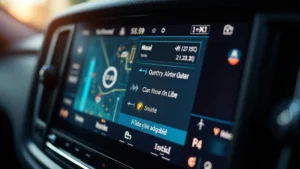Close-up of automotive infotainment system touchscreen displaying navigation interface with circuit board components visible in background, professional product photography, warm studio lighting, no text or logos visible, shallow depth of field focusing on integrated circuits