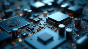 Close-up professional photograph of advanced automotive sensor array with circuit boards and optical lenses, metallic components gleaming under studio lighting, no text visible