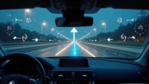 Premium car windshield displaying augmented reality navigation overlay with glowing directional arrows and speed indicators visible on transparent glass, modern dashboard visible through glass, professional automotive photography