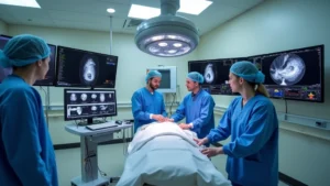 Professional cardiac catheterization laboratory with biplane fluoroscopic imaging equipment, multiple monitors displaying real-time angiographic images, interventional cardiologist and technicians working at patient table with advanced digital control systems visible in background
