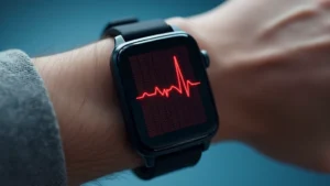 Professional medical ECG cardiac monitor smartwatch displaying heart rhythm waveform on screen, sleek design, clinical accuracy aesthetic, wrist-worn device
