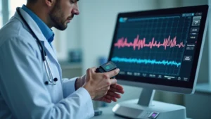 Professional cardiologist using advanced cardiac monitoring technology on a patient's wrist, close-up of ECG waveform display on modern medical device screen, clinical setting with heart rate data visualization