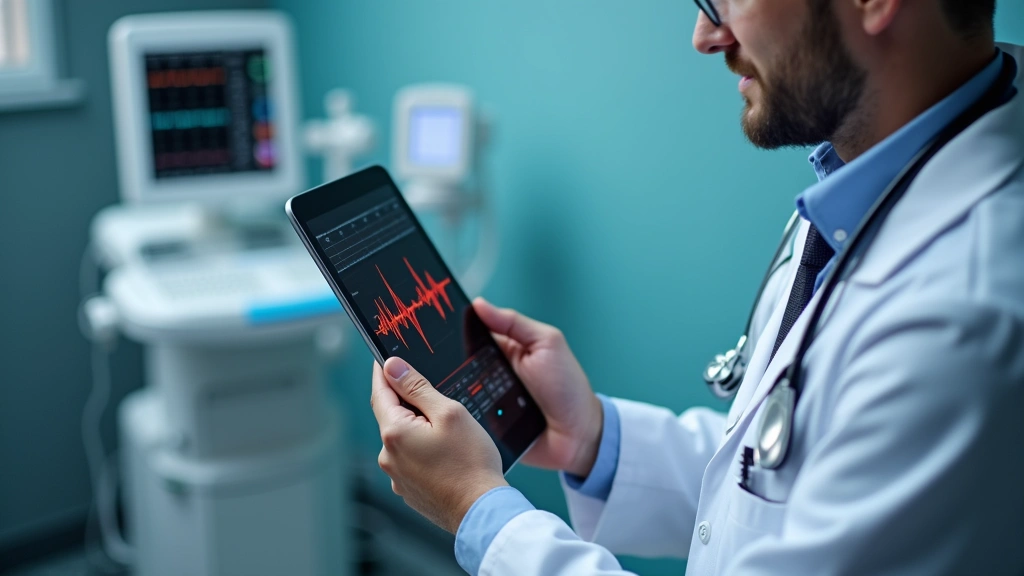 Cardiologist reviewing ECG data on tablet with wireless cardiac monitoring device, clinical setting with modern medical equipment