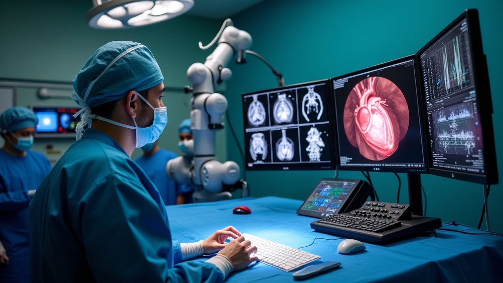 Surgeon at robotic cardiac surgery console with multiple monitors showing surgical field and real-time cardiac imaging