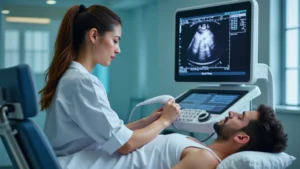 Professional cardiac ultrasound technologist performing echocardiography examination on patient in modern hospital imaging suite, holding ultrasound probe over patient's chest, advanced ultrasound machine displaying real-time cardiac imaging in background, clinical setting with medical monitors