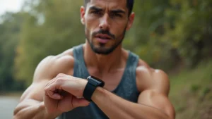 Professional athlete wearing advanced fitness smartwatch during high-intensity cardio training session, sweat visible, focused expression, outdoor setting with natural lighting