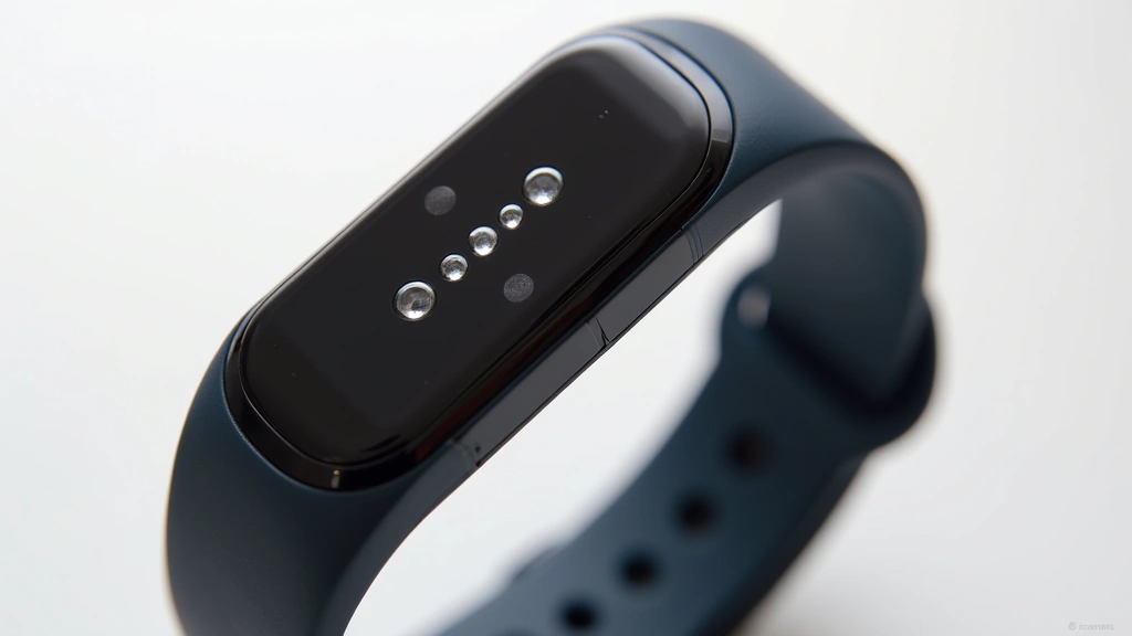 Close-up of optical heart rate sensor on underside of fitness wearable device showing multiple LED lights and advanced sensor technology, clean white background, detailed view