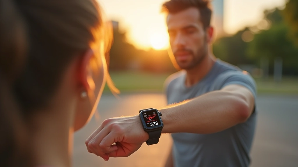 Fitness enthusiast checking real-time heart rate and cardiovascular metrics on smartwatch display during morning run, urban park background, morning sunlight, health-focused composition