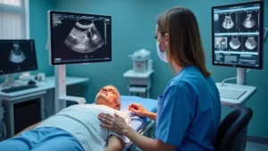 Professional echocardiography technician performing cardiac ultrasound examination on patient in modern hospital cardiology lab with advanced ultrasound equipment and monitors