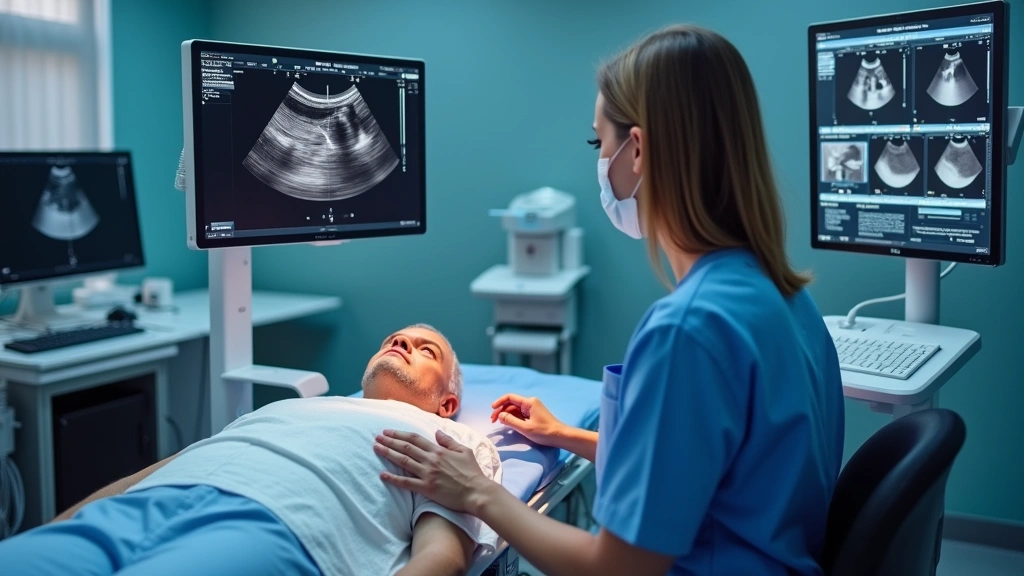 Professional echocardiography technician performing cardiac ultrasound examination on patient in modern hospital cardiology lab with advanced ultrasound equipment and monitors