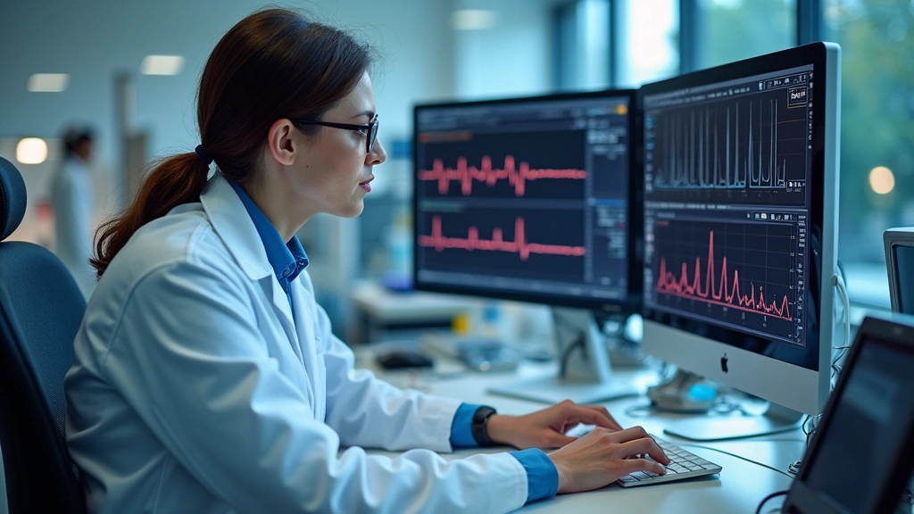 Biomedical engineer working with cardiovascular device technology in laboratory setting, examining cardiac monitoring equipment and computer displays showing heart rhythm data