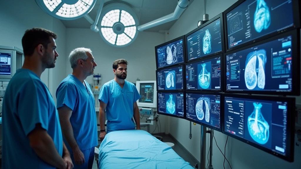 Senior cardiology team in interventional lab reviewing cardiac imaging data on large displays, demonstrating collaborative healthcare technology environment with advanced monitoring systems