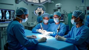 Advanced cardiac operating room with multiple robotic arms performing precision heart surgery, surgeon at console controlling instruments with magnified 3D display, surgical field illuminated with bright lights, medical monitors showing real-time cardiac imaging