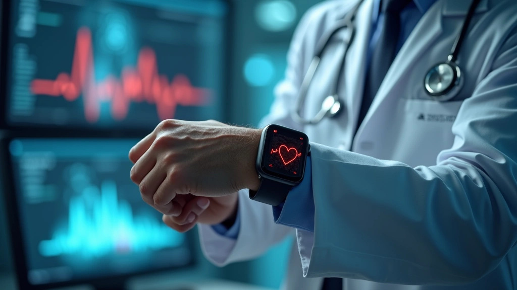 Professional cardiologist using advanced smartwatch with ECG display showing heart rhythm waveforms, clinical setting, modern cardiovascular technology