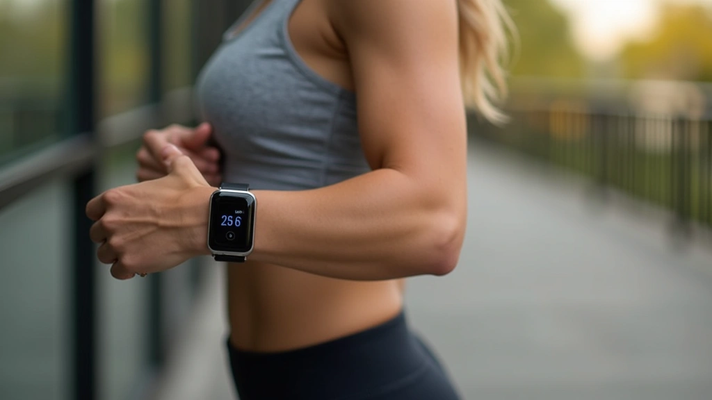 Woman wearing sleek wearable health device on wrist during workout, fitness tracking display visible, contemporary tech aesthetic, outdoor environment
