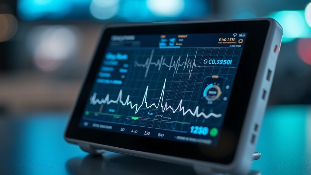 Close-up of portable ECG device showing detailed cardiac readings and health metrics on screen, professional medical technology presentation