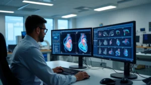 Professional biomedical engineer working at advanced workstation with multiple monitors displaying CAD software, cardiac device prototypes, and medical imaging data visible in modern laboratory setting with medical equipment