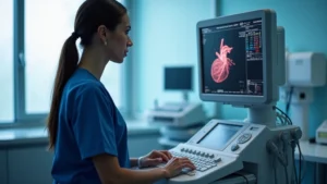 Professional cardiovascular technologist operating advanced echocardiography ultrasound machine in modern hospital cardiology lab, wearing surgical scrubs, focused on diagnostic imaging equipment screen