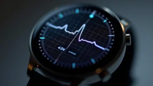 Close-up of smartwatch displaying ECG waveform reading on bright AMOLED screen, showing cardiac monitoring interface with heart rate metrics, modern minimalist design, professional medical visualization