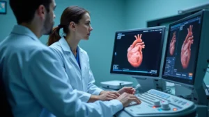 Close-up professional photo of cardiovascular technologist operating advanced echocardiography ultrasound equipment in modern hospital cardiac lab, focused expression, hands on controls, high-tech medical monitors in background displaying heart imaging data