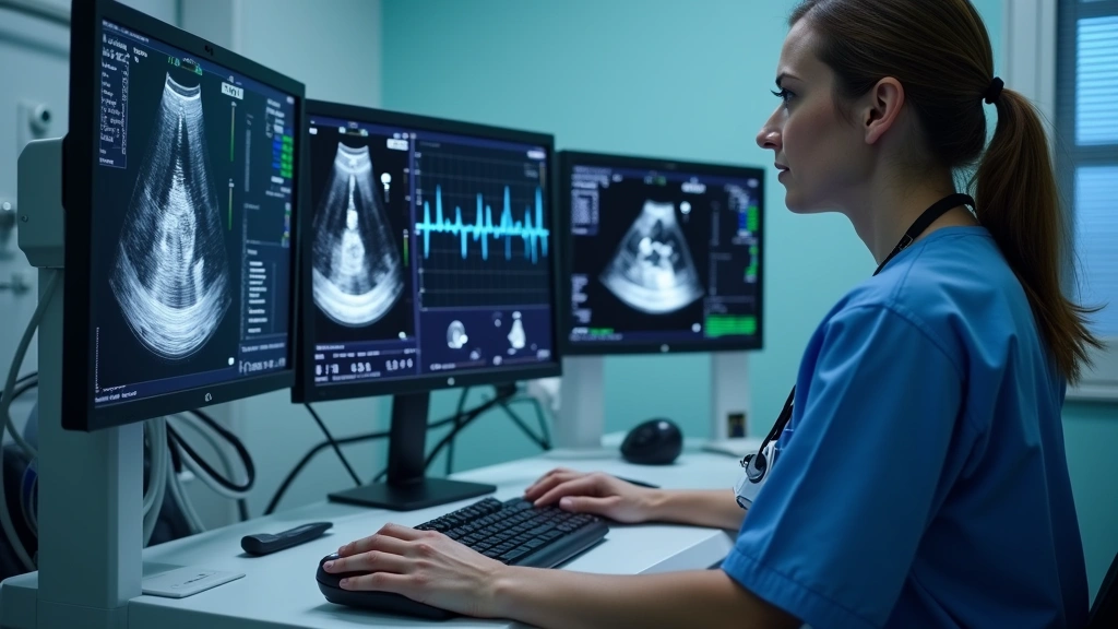 Professional cardiology ultrasound technician operating modern diagnostic imaging system with multiple monitors displaying real-time echocardiographic cardiac chambers and doppler waveforms, hospital setting