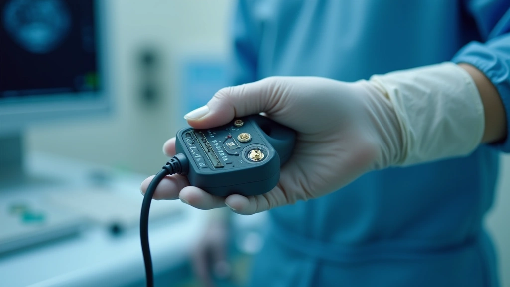 Close-up of advanced phased-array ultrasound transducer probe being held in sterile gloved hand, showing intricate sensor elements and cable connections, medical equipment environment