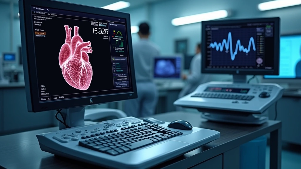 State-of-the-art cardiovascular ultrasound system console displaying 3D volumetric heart imaging with color doppler blood flow visualization, clinical laboratory with cardiac monitoring equipment
