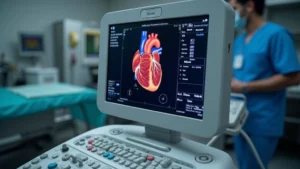 Close-up of advanced echocardiography ultrasound machine with color doppler display showing cardiac imaging, professional medical setting with stainless steel equipment
