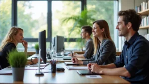 Modern university career counseling office with professional staff assisting students at desks, bright contemporary interior design, natural lighting, computers and career resources visible