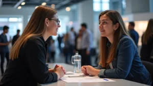 Professional tech recruiter at career fair booth speaking with confident student candidate, modern convention center background, natural lighting, candid networking moment
