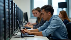 Students working collaboratively on networking equipment in a professional lab setting with servers and switches, natural lighting from large windows, focused expressions on faces