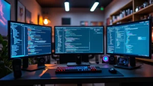 Professional development workspace with multiple computer monitors, mechanical keyboards, and modern ergonomic desk setup in a well-lit tech center environment