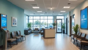 Modern urgent care facility interior with digital check-in kiosk, comfortable waiting area with contemporary furniture, professional lighting, clean medical environment