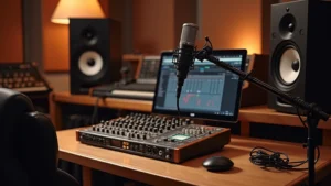Professional recording studio setup with high-end audio interface, studio monitors, microphone on boom arm, mixing console visible in background, warm studio lighting