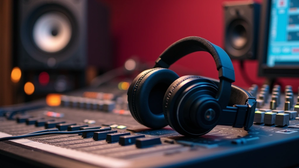 Premium studio headphones resting on mixing console with audio equipment and cables in background, professional recording studio aesthetic